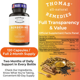 Thomas' Remedies Berberine 1000mg label details