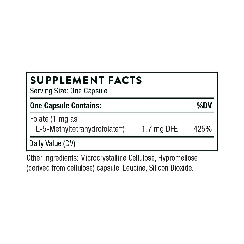 THORNE 5-MTHF 1 mg capsules avec étiquette détaillée