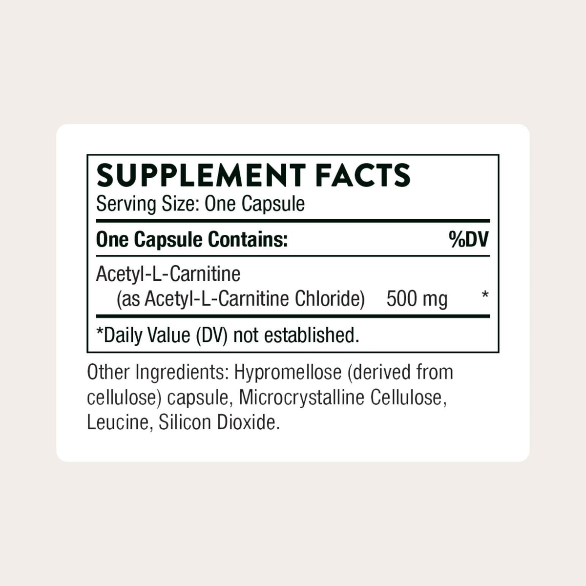 THORNE Acétyl-L-Carnitine 500 mg dos de l'emballage