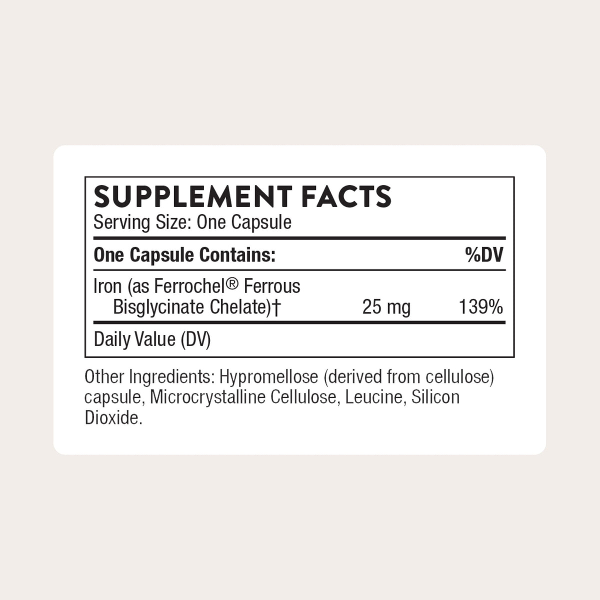 THORNE Fer Bisglycinate 25 mg, capsules ouvertes sur une table
