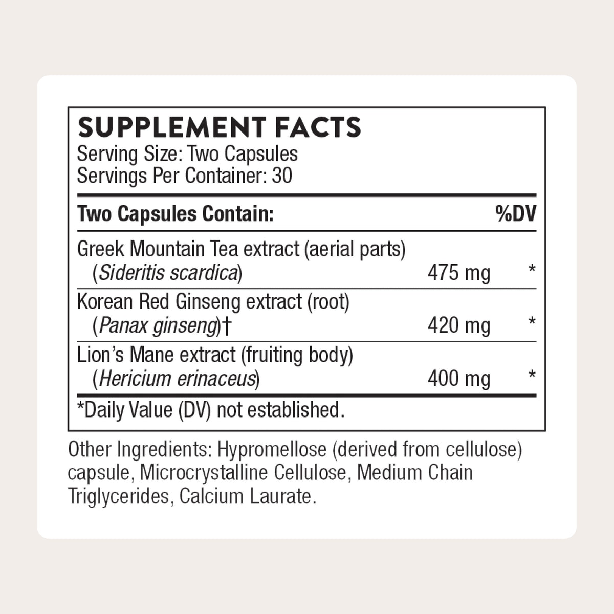 THORNE Ginseng Plus détails de l'étiquette