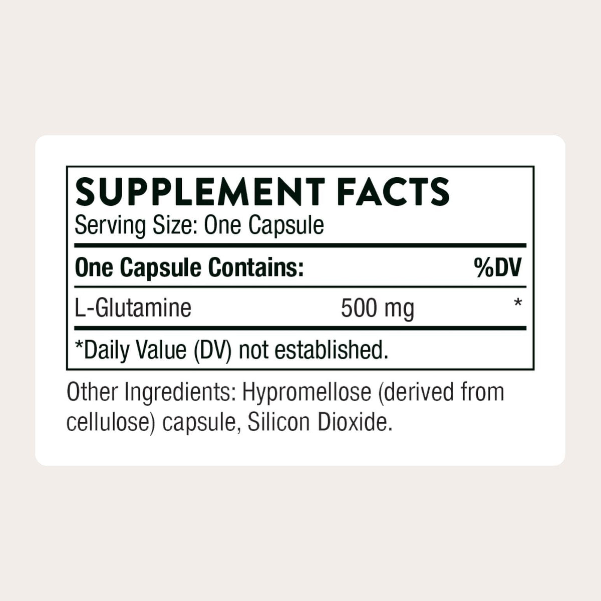 THORNE L-Glutamine 500 mg capsules ouvertes montrant la taille