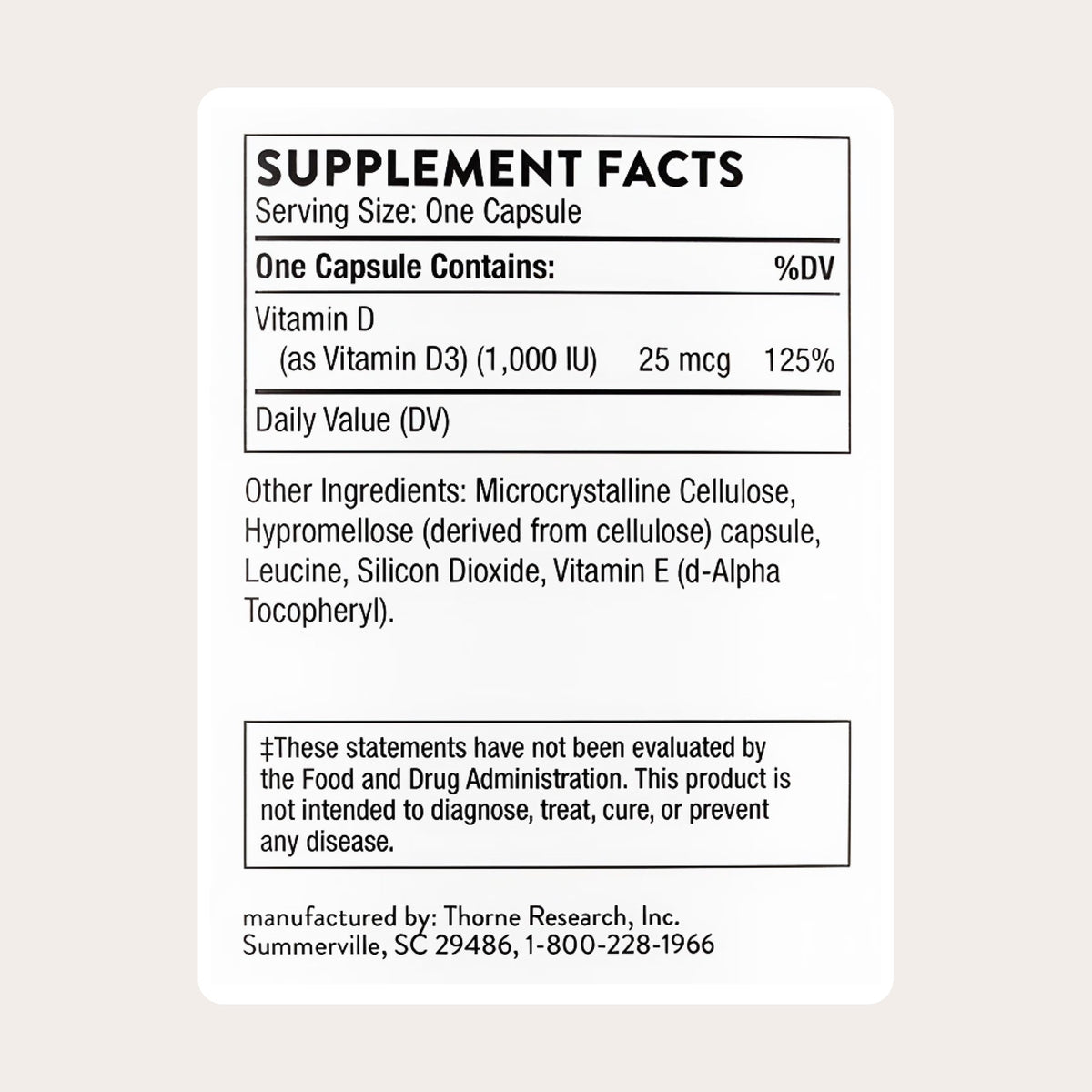 THORNE Vitamine D3 1 000 IU 180 capsules - vue arrière