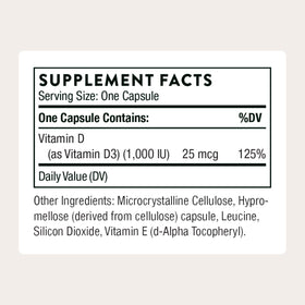 THORNE Vitamine D3 1 000 IU capsules sur fond blanc
