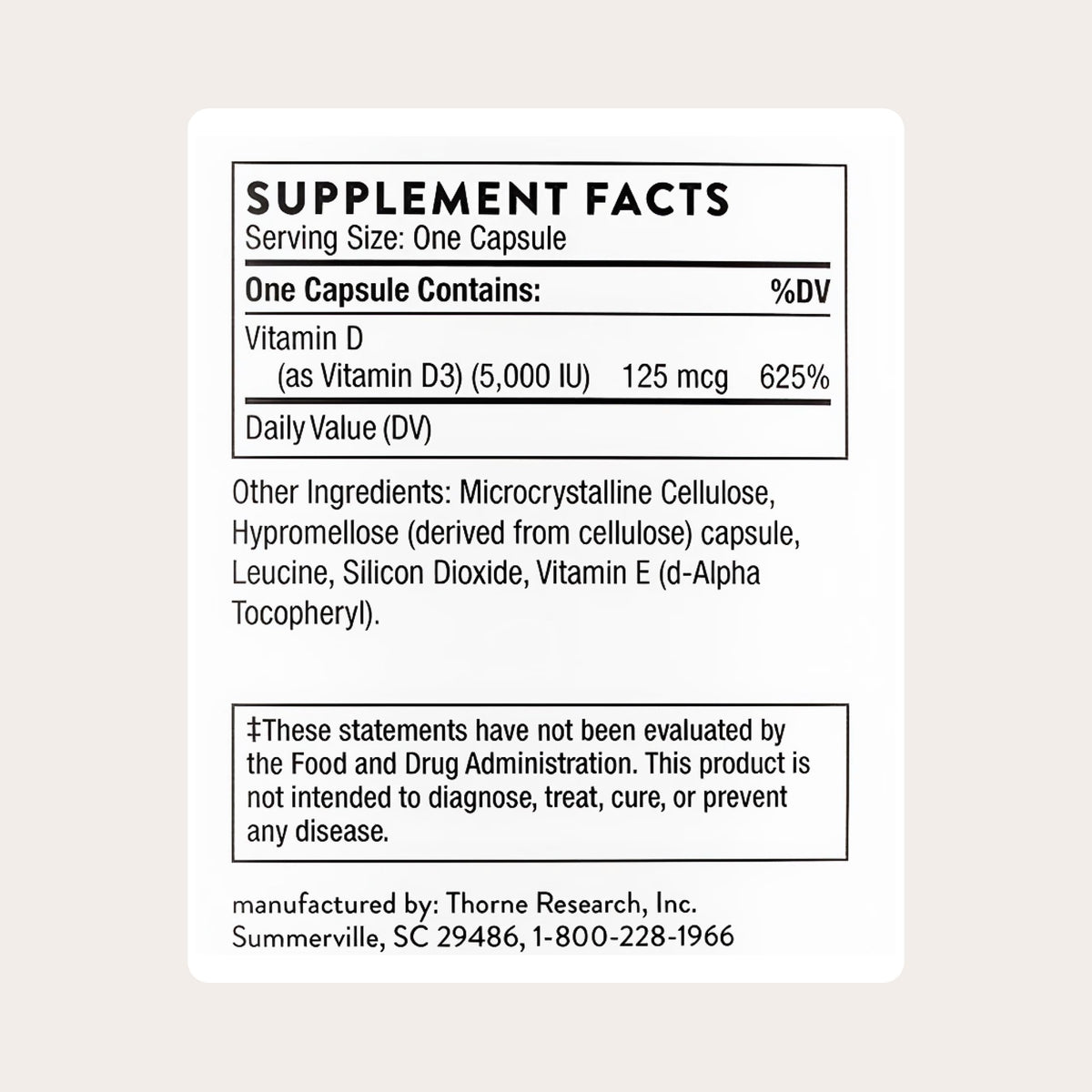 THORNE Vitamine D3 5 000 UI 120 Capsules - vue de dos