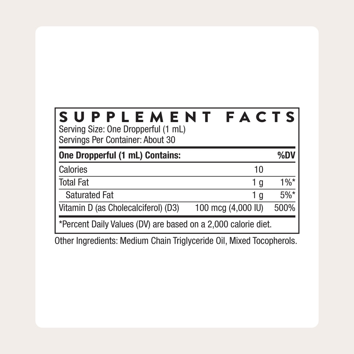 THORNE Vitamine D3 Liquide 4 000 UI dose de 2 000 UI