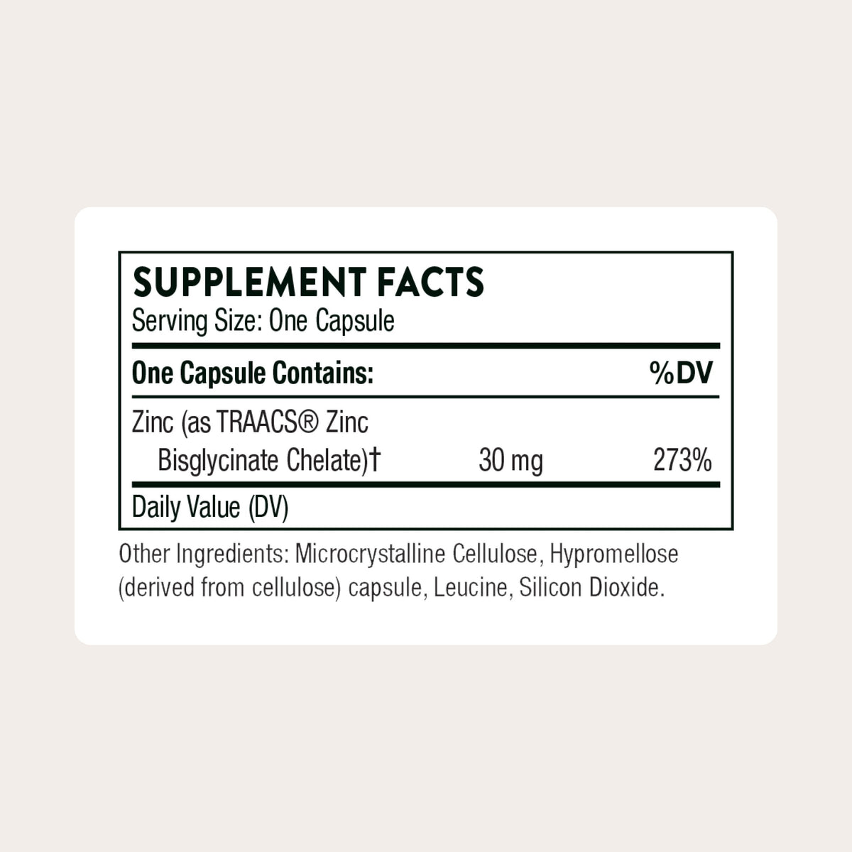 THORNE Zinc Bisglycinate 30 mg capsules side view