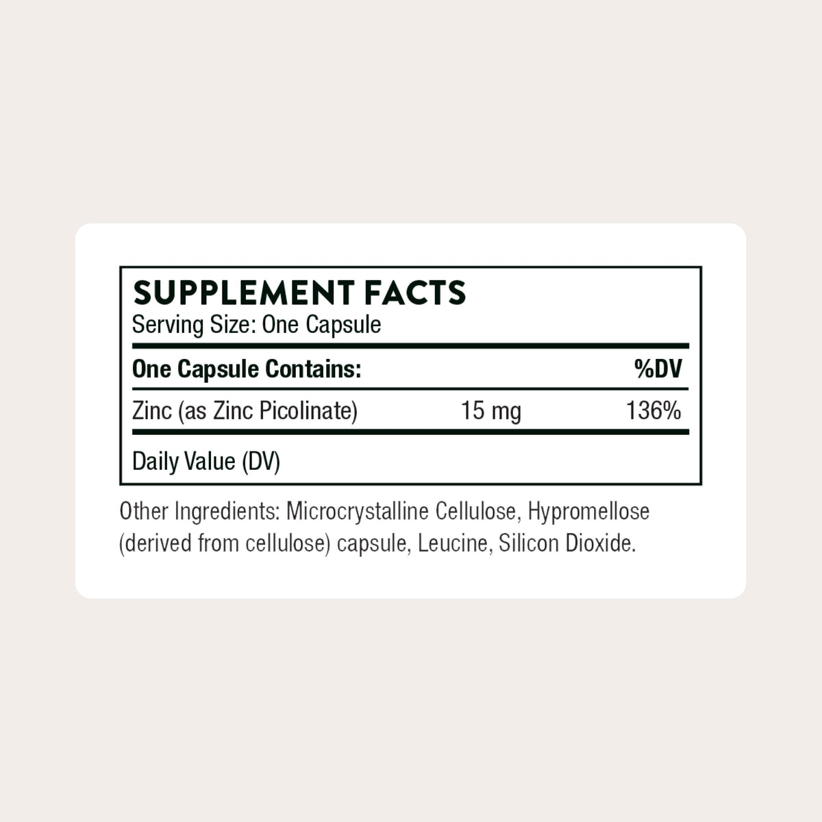 THORNE Zinc Picolinate 15 mg 60 capsules vue arrière