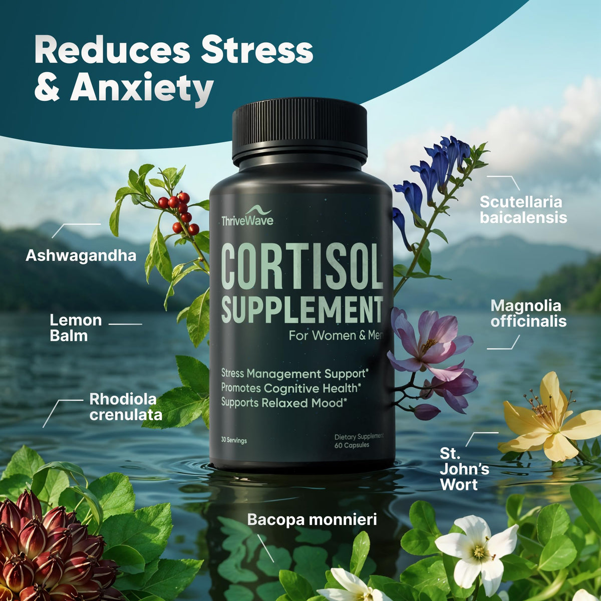ThriveWave Compléments Alimentaires Cortisol capsules en gros plan