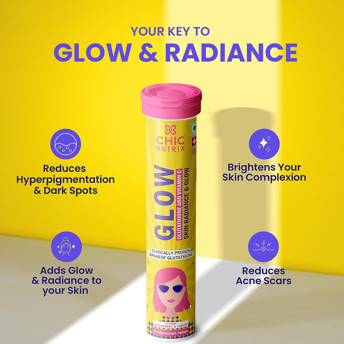 THRU Glow comprimés effervescents affichés sur une surface blanche