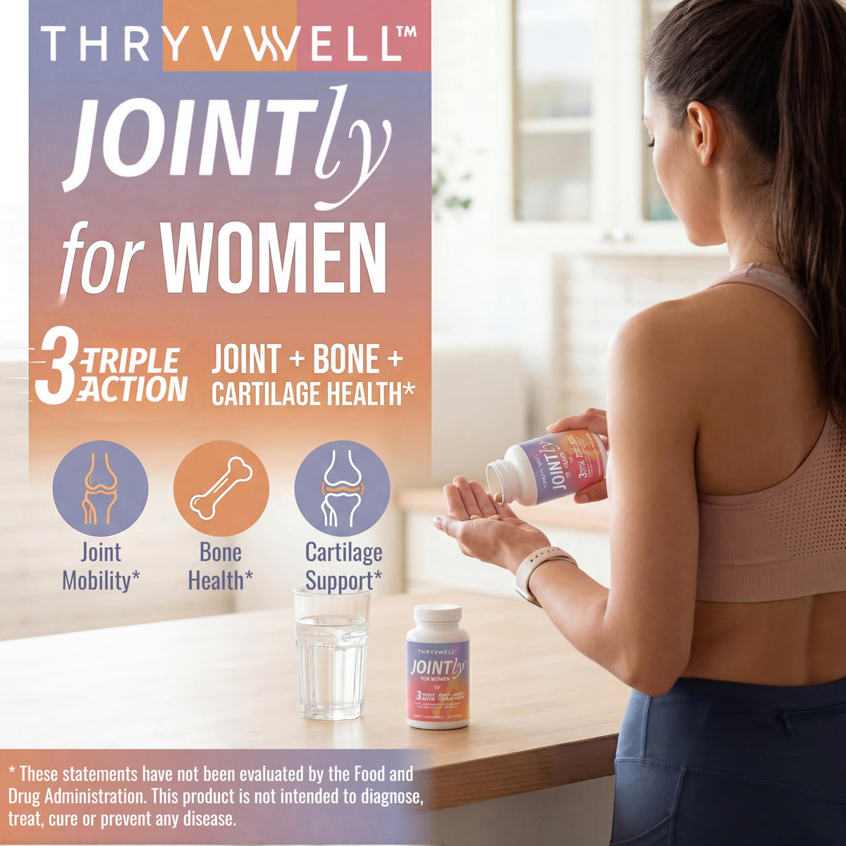 ThryvWell Compléments Alimentaires Articulations Femme 120 Capsules dans un environnement de cuisine