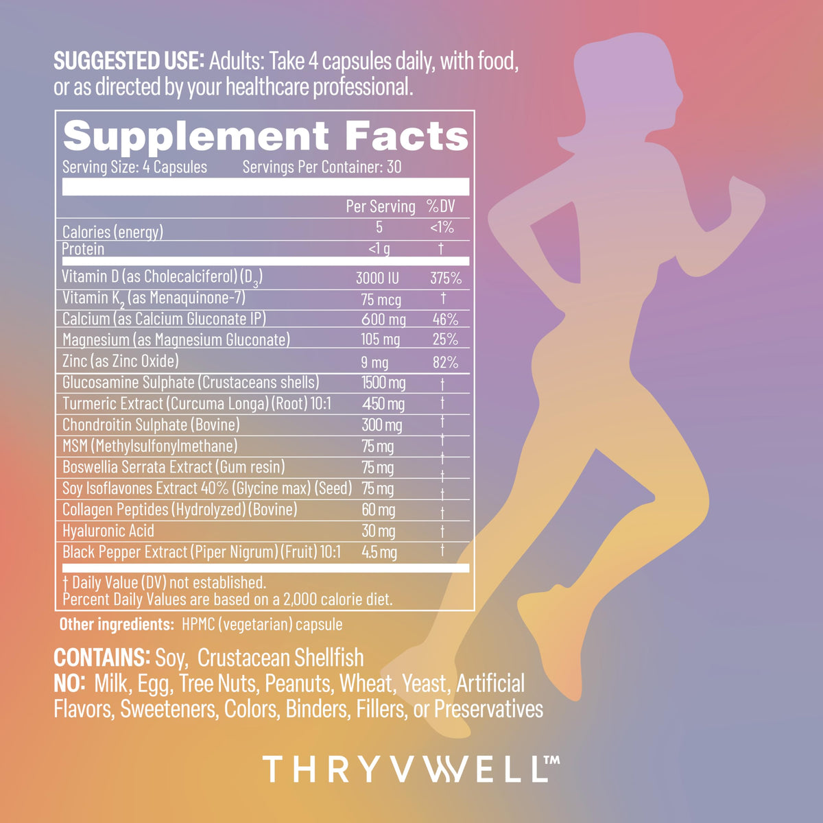 ThryvWell Compléments Alimentaires Articulations Femme 120 Capsules étiquette avec ingrédients
