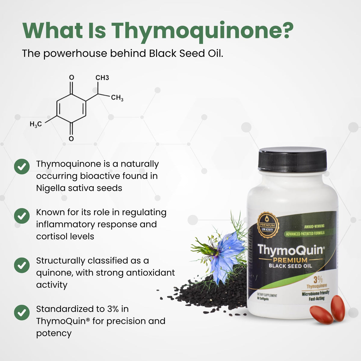 ThymoQuin capsules d'huile de graines noires en gros plan