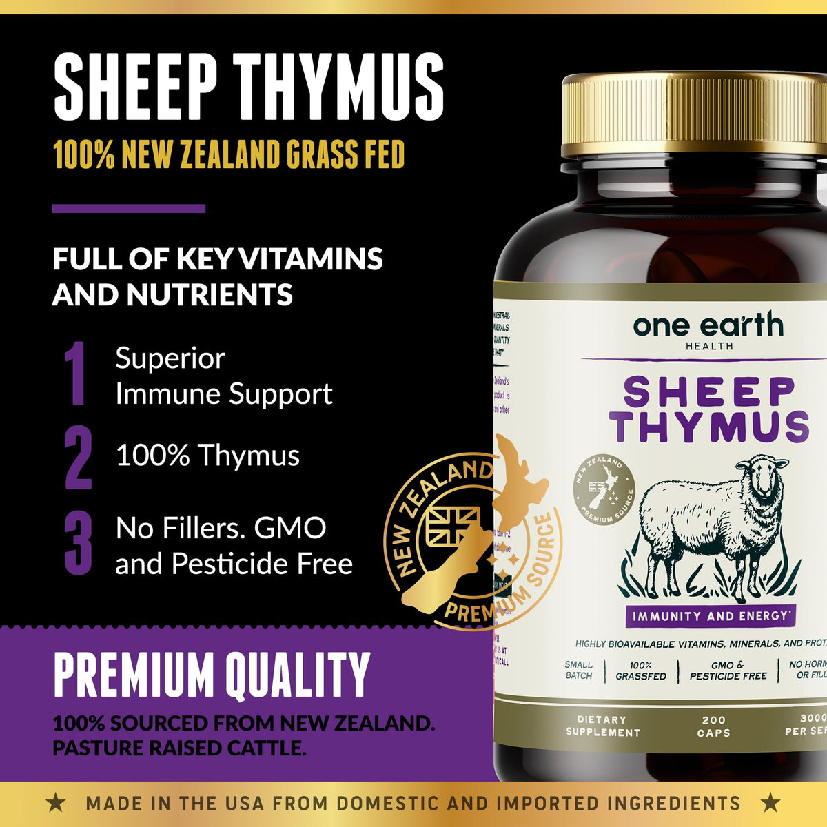 Thymus One Earth Health 3000mg capsules sur une table