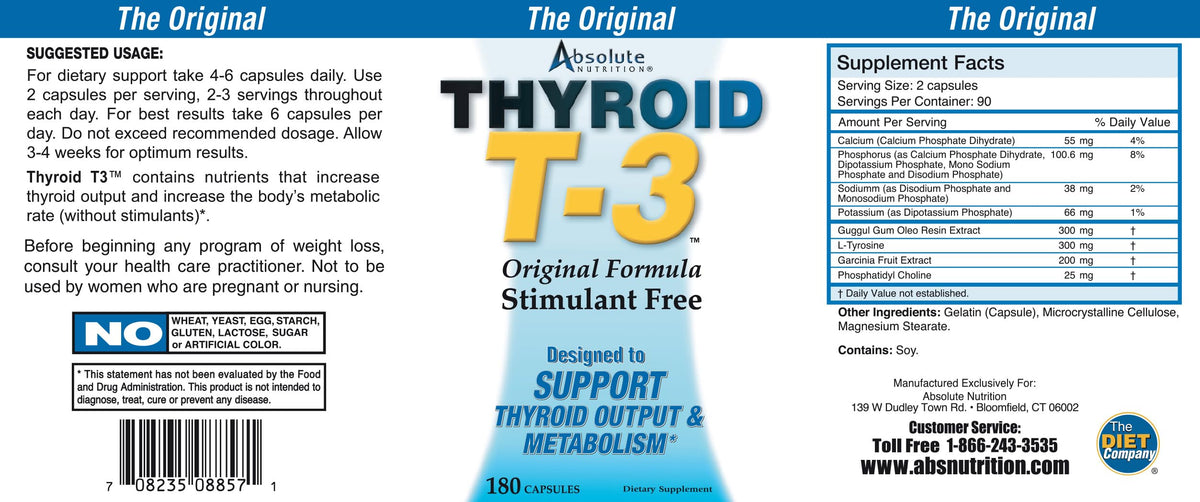 Thyroid T-3 d'Absolute Nutrition sur un fond neutre