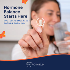 ThyroShield iode 500 mcg capsules à côté d'un verre d'eau