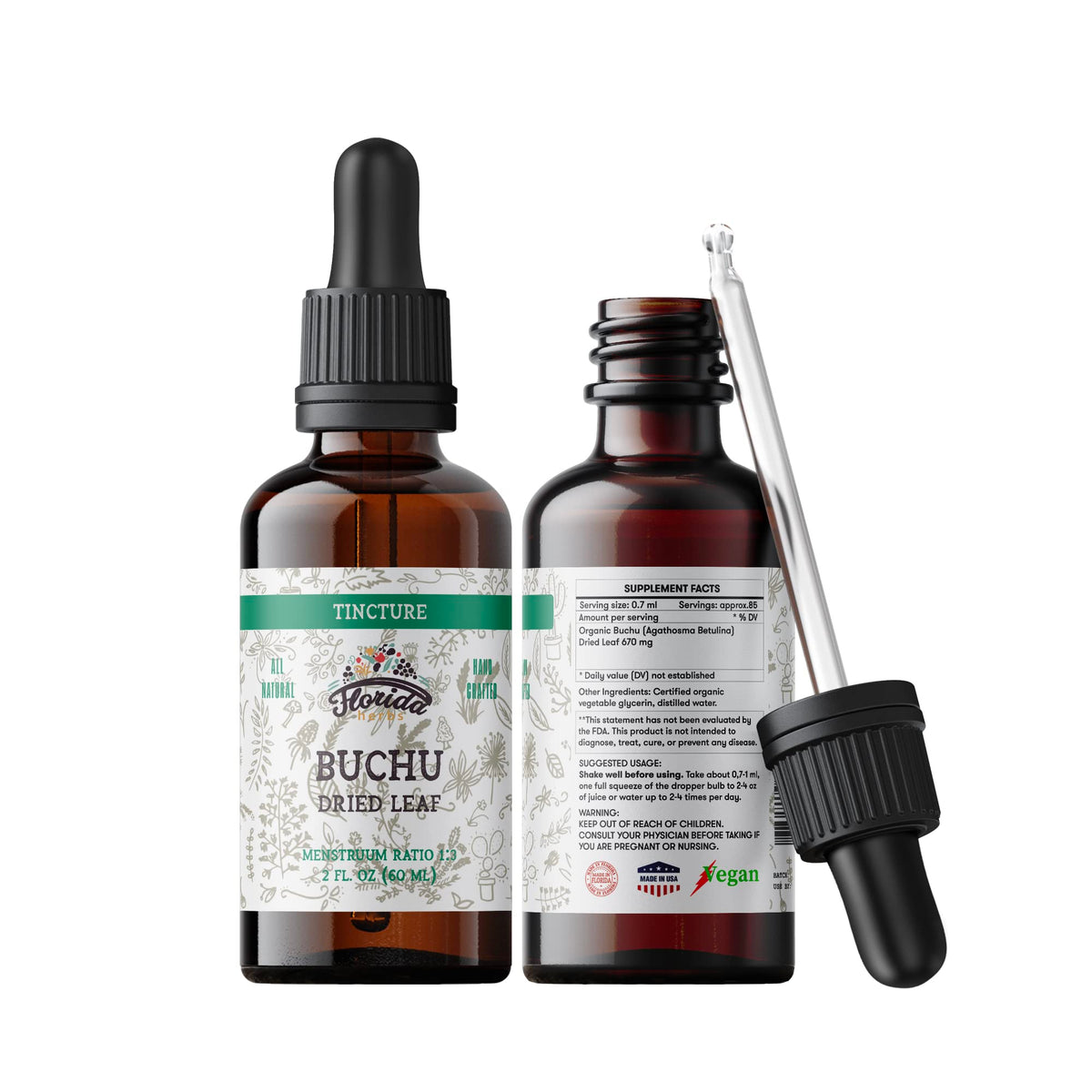 Tincture de Buchu Bio FLORIDA HERBS 2 oz avec étiquette