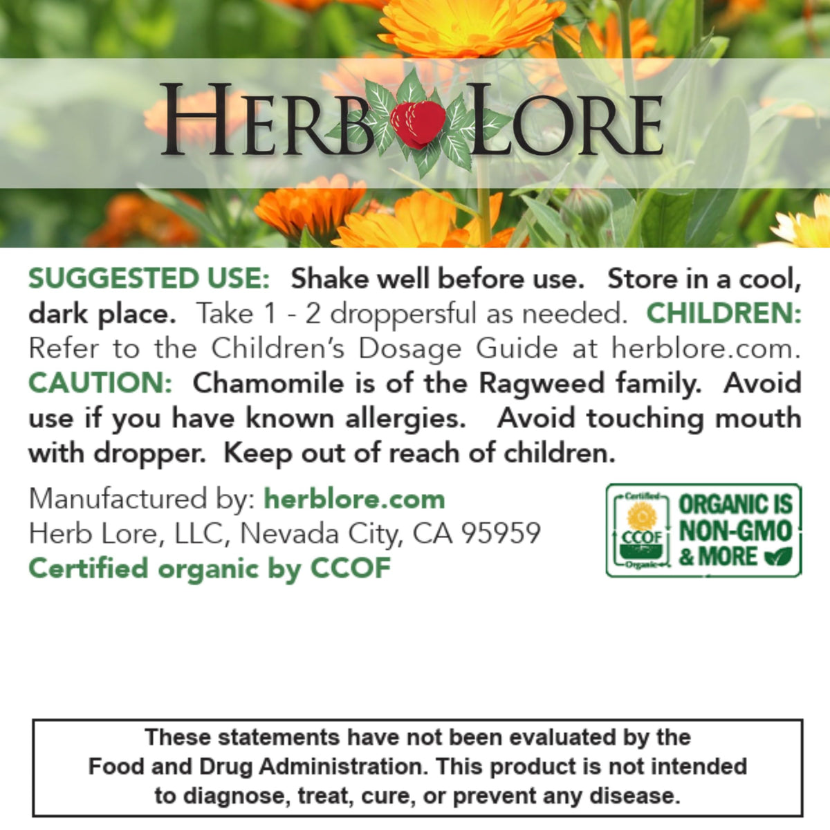 Tincture de Camomille Bio Herb Lore 60 ml avec fond naturel