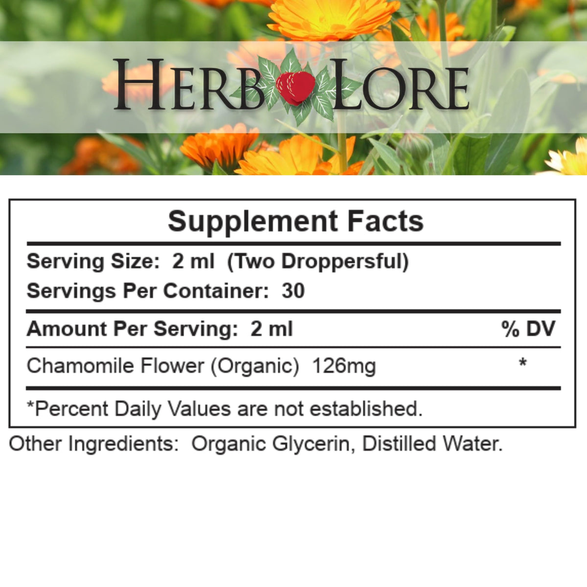 Tincture de Camomille Bio Herb Lore à côté d'une tasse de thé