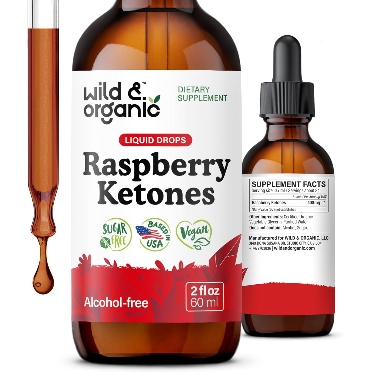 Tincture de cétones de framboise Wild & Organic 60 ml vue de face