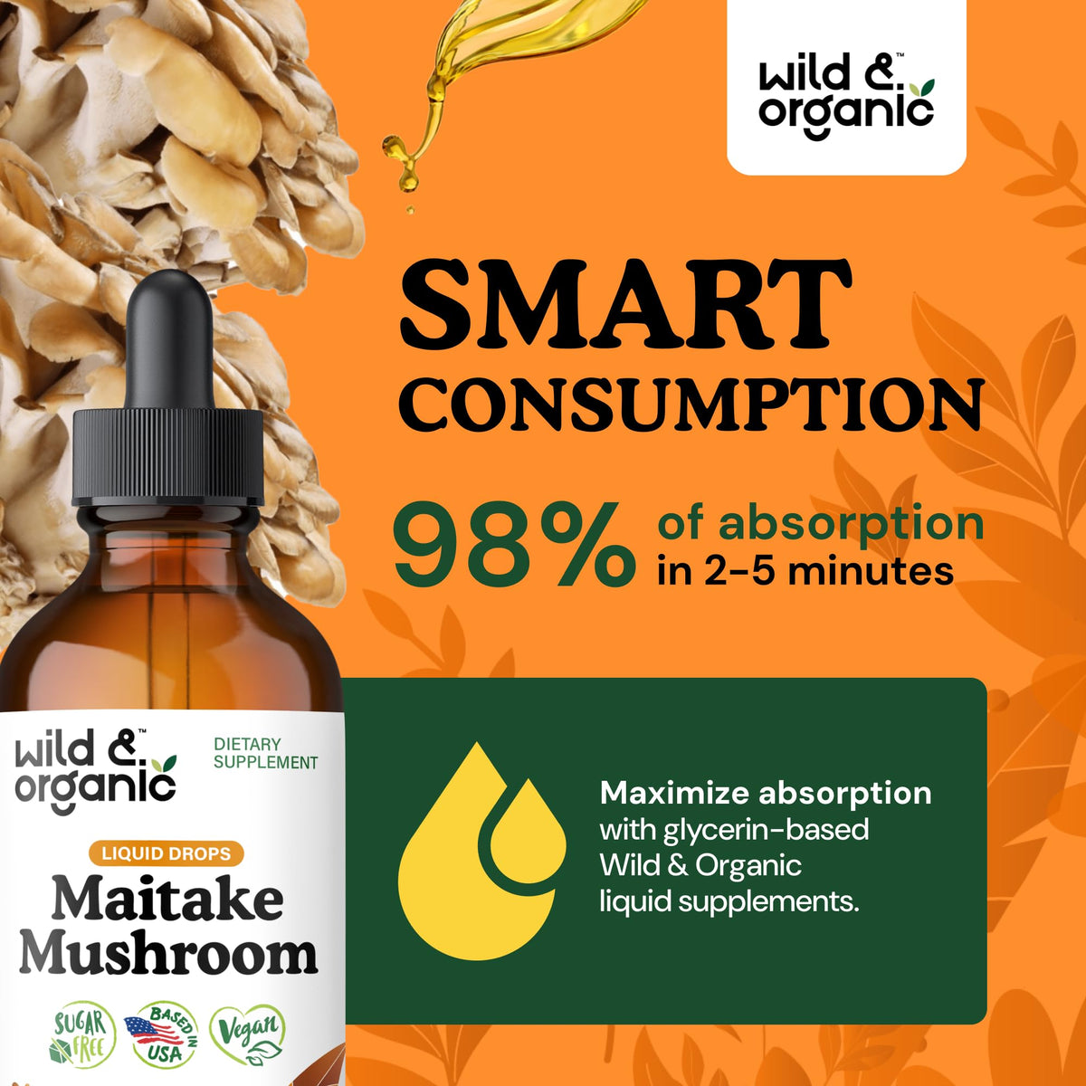 Tincture de champignon maitake Wild & Organic sur fond blanc