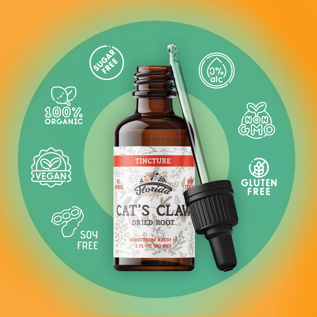 Tincture de Griffe de Chat FLORIDA HERBS 60ml sur fond blanc