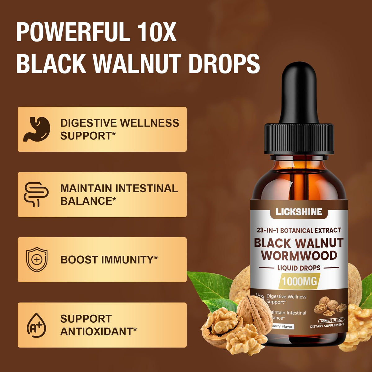 Tincture de noix noire et absinthe Lickshine sur fond blanc