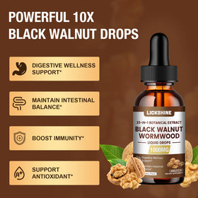 Tincture de noix noire et absinthe Lickshine sur fond blanc