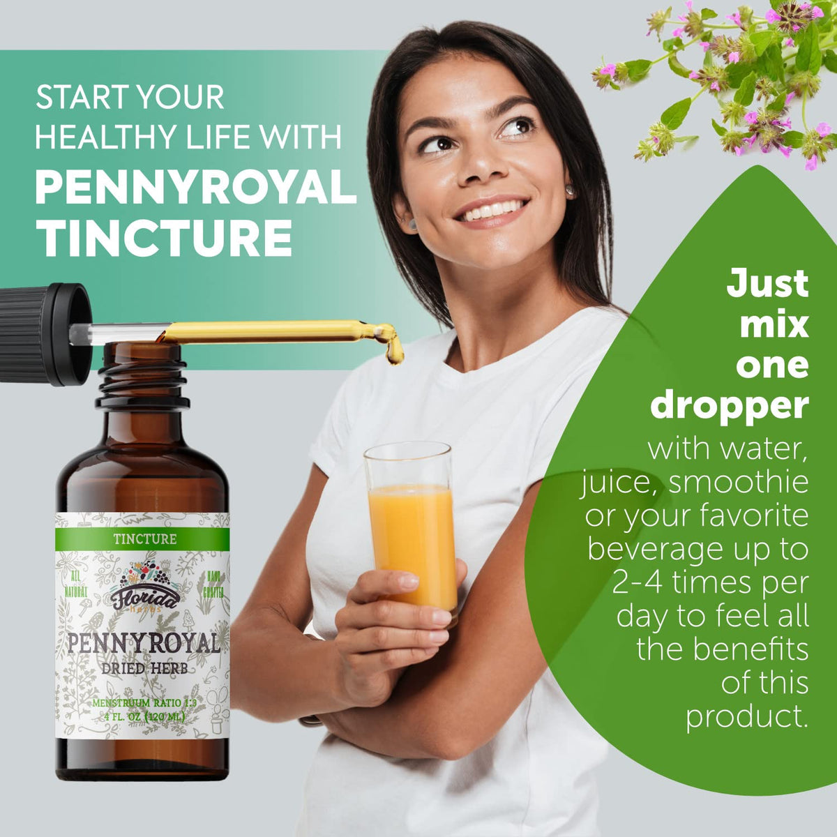 Tincture de Pennyroyal Bio FLORIDA HERBS sur fond blanc