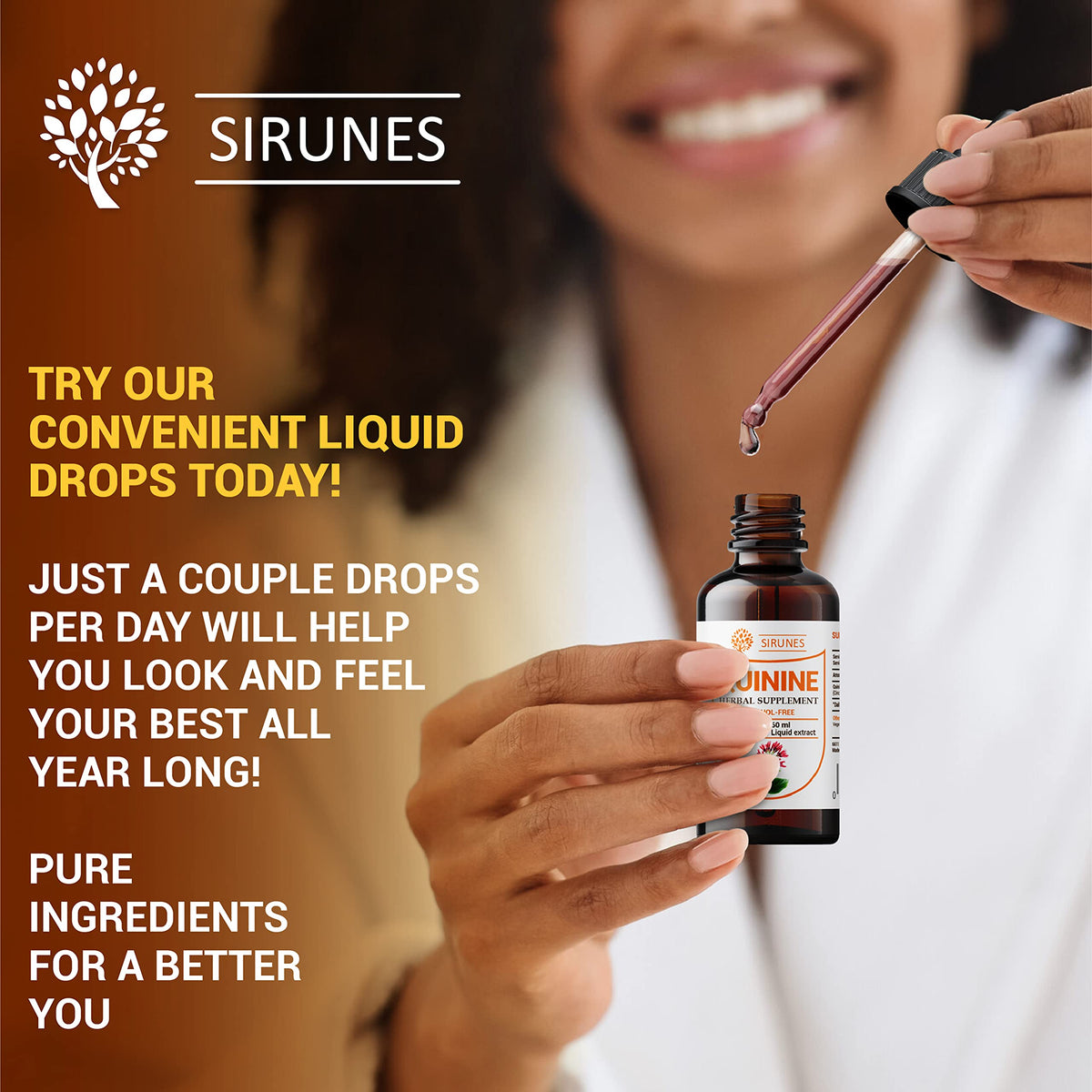 Tincture de Quinine SIRUNES avec un verre d'eau