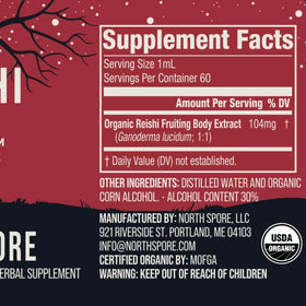 Tincture de Reishi Bio North Spore 60 ml avec ingrédients mentionnés