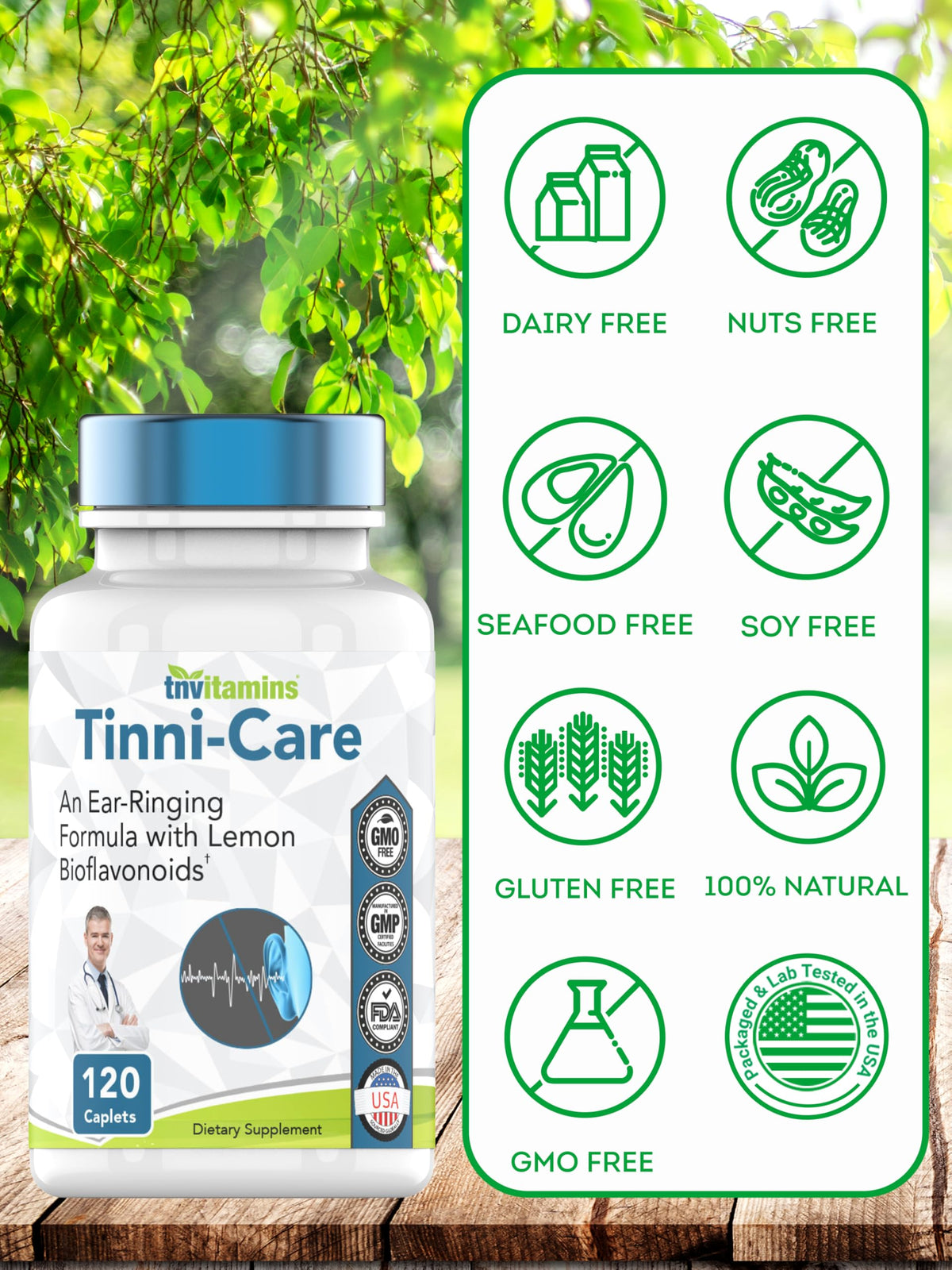 Tinni-Care avec des ingrédients naturels sur un fond neutre