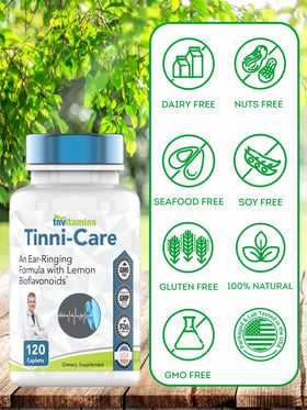 Tinni-Care avec des ingrédients naturels sur un fond neutre