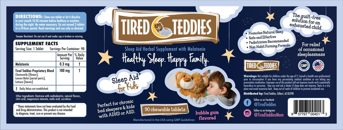 Tired Teddies comprimés à mâcher avec un enfant souriant