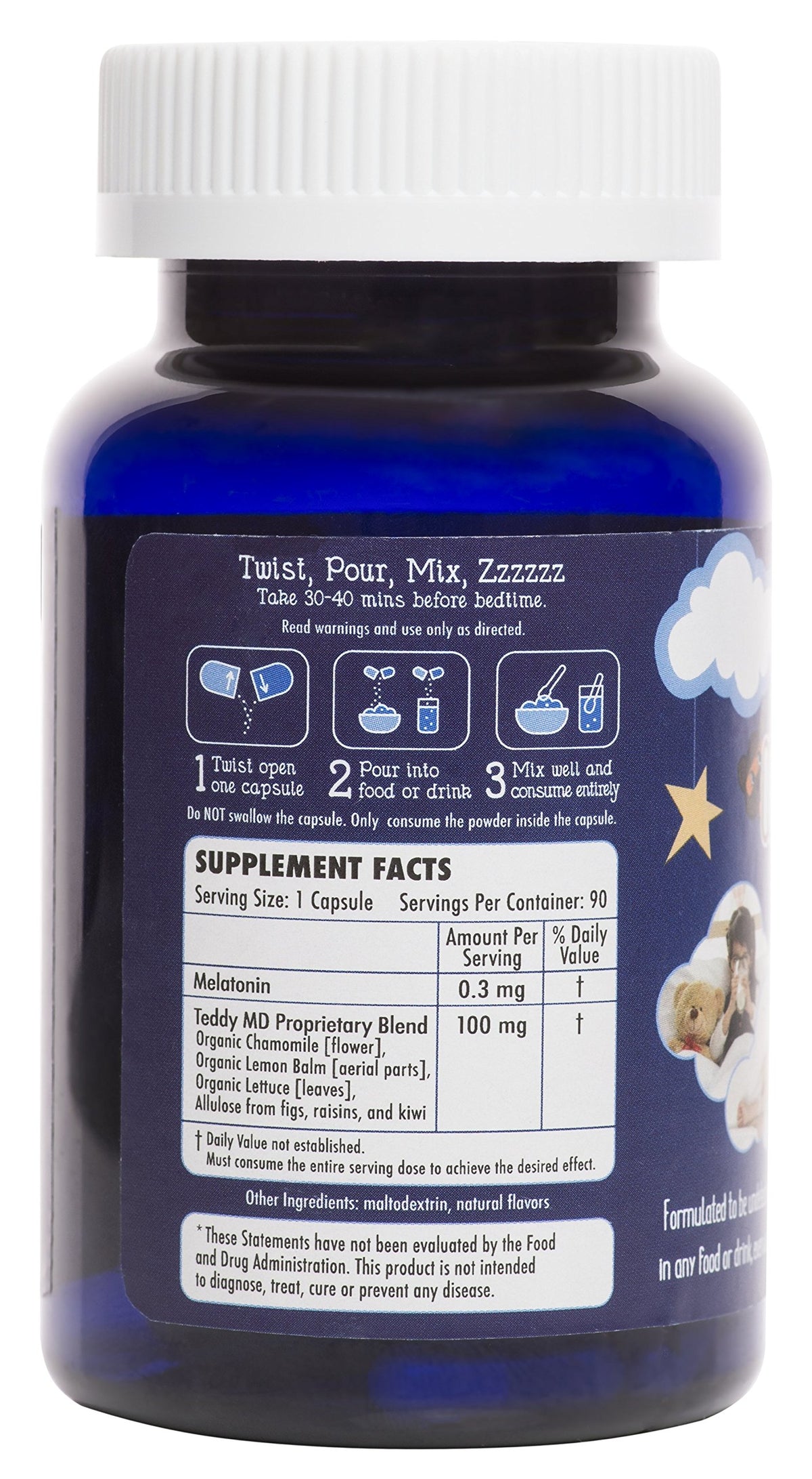 Tired Teddies Mélatonine InvisiMix 300 mcg, capsule à côté d'un verre d'eau