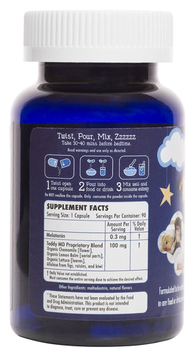 Tired Teddies Mélatonine InvisiMix 300 mcg, capsule à côté d'un verre d'eau