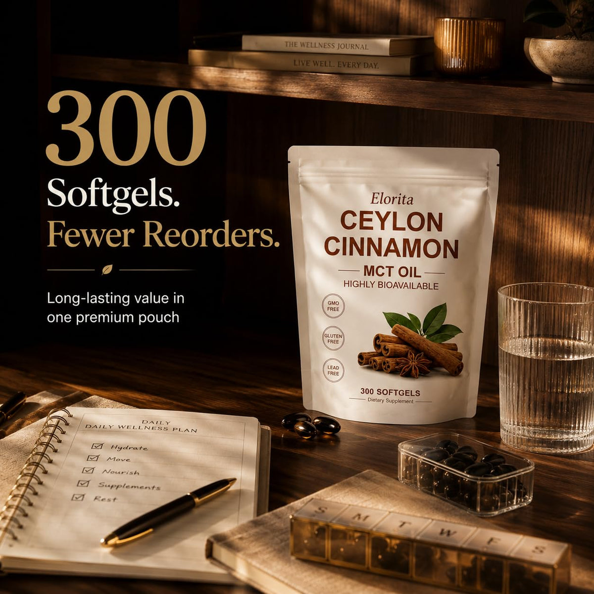 TOGOLIUN gélules de cannelle Ceylan avec des ingrédients sur une surface en bois