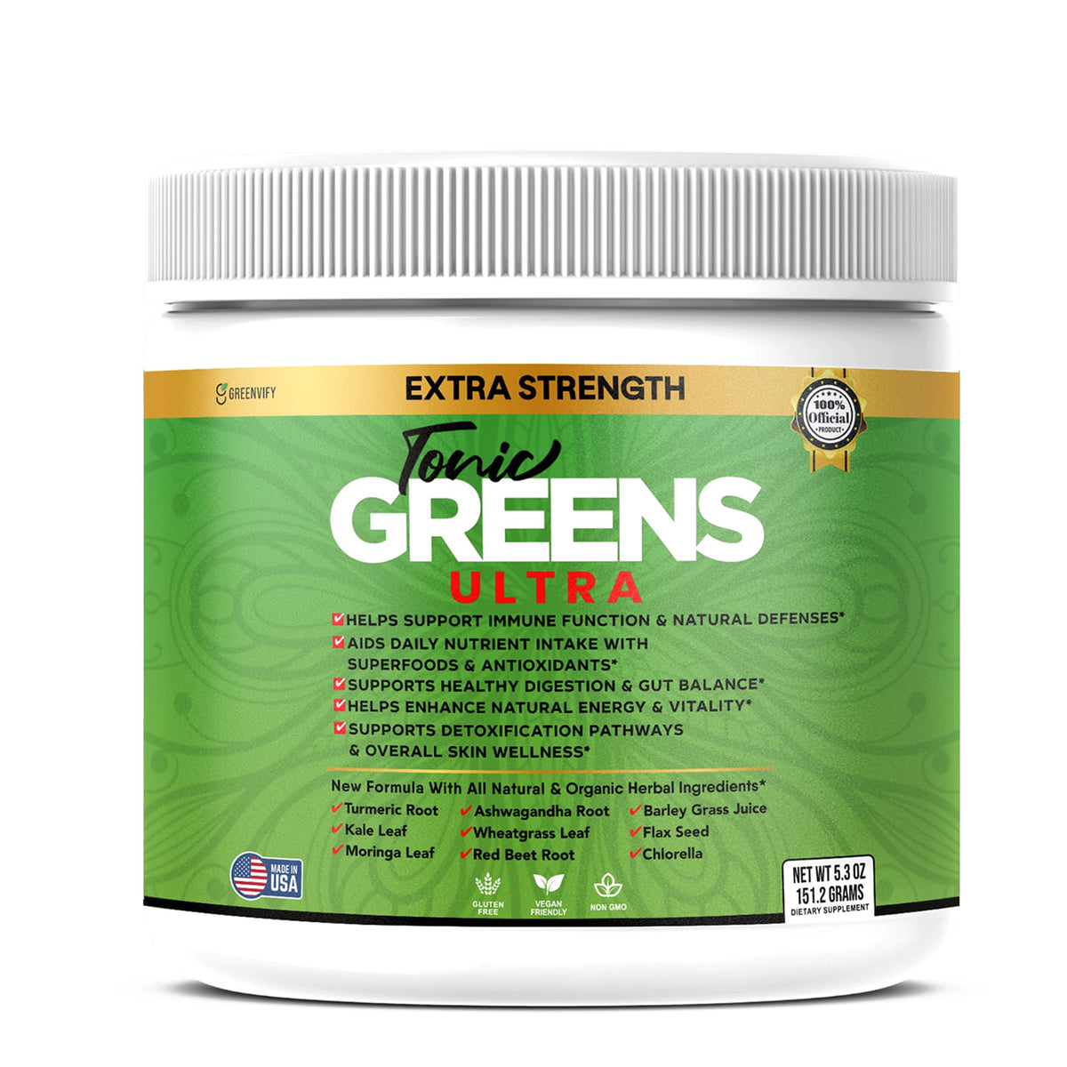 Tonic Greens Ultra de GREENVIFY en poudre, 150g, emballage avant