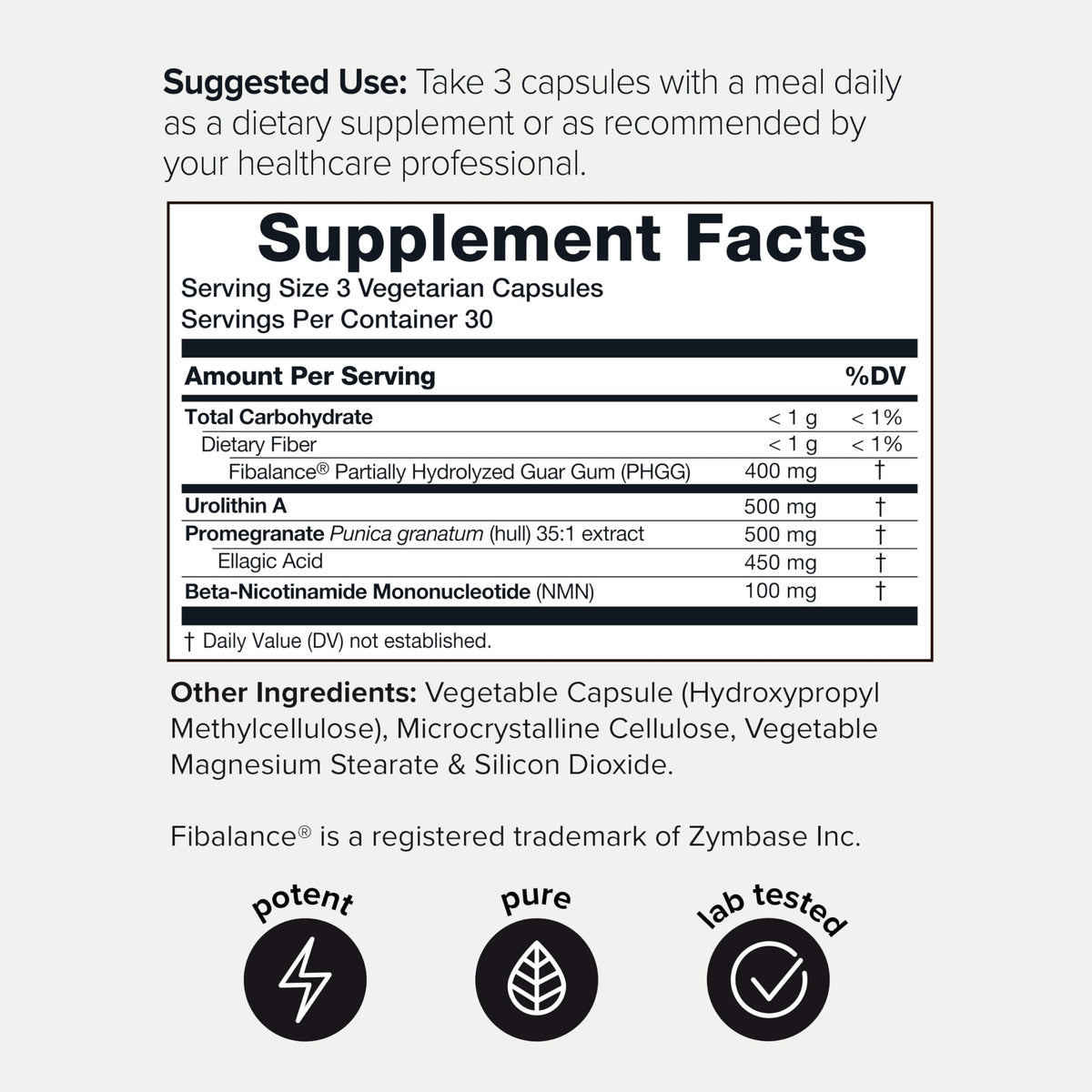 Toniiq 1 500mg Complexe Urolithin A arrière avec informations nutritionnelles
