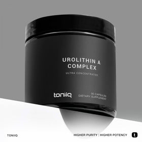 Toniiq 1 500mg Complexe Urolithin A avec ingrédients sur fond blanc