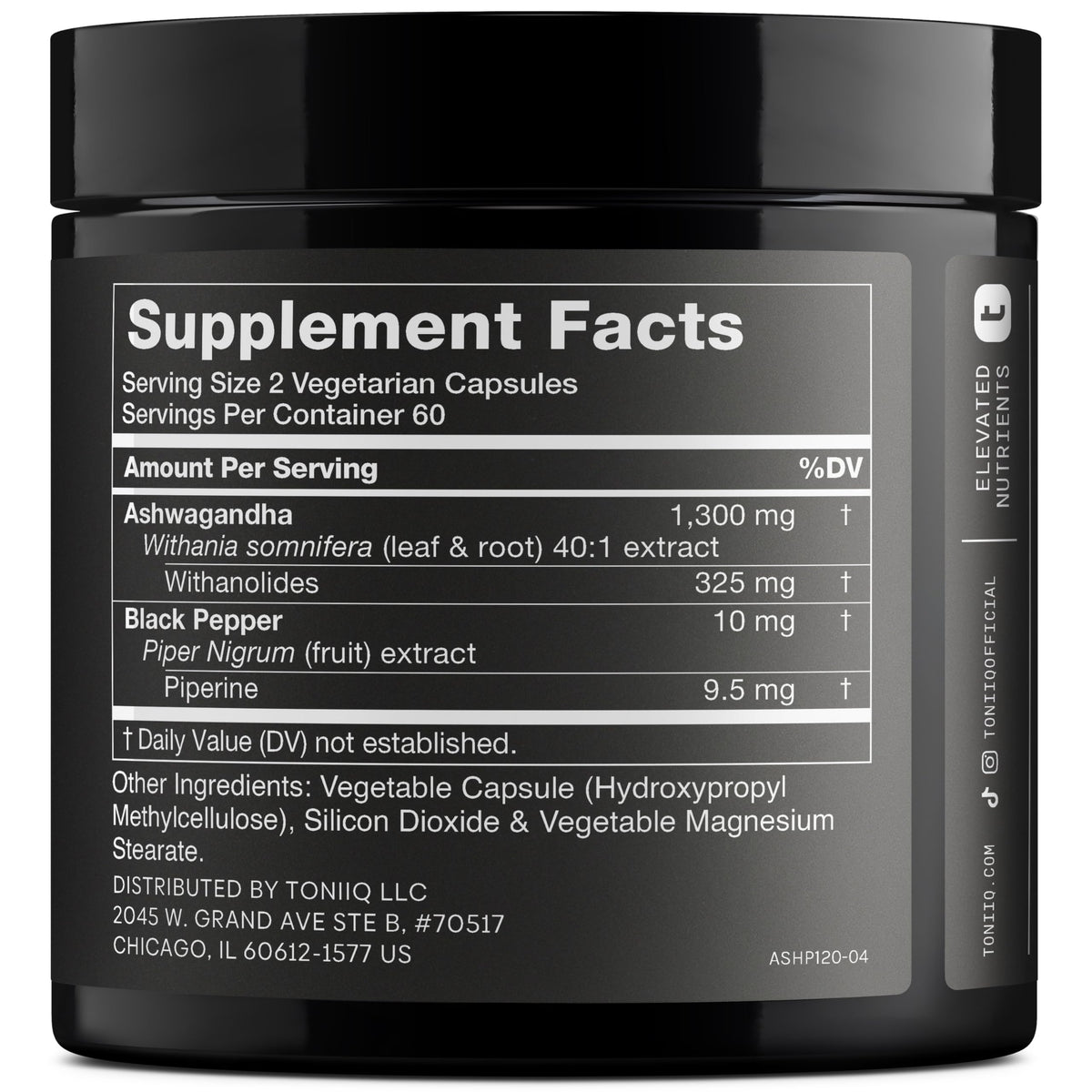 Toniiq Ashwagandha extrait concentré 40:1 étiquette avec dosage