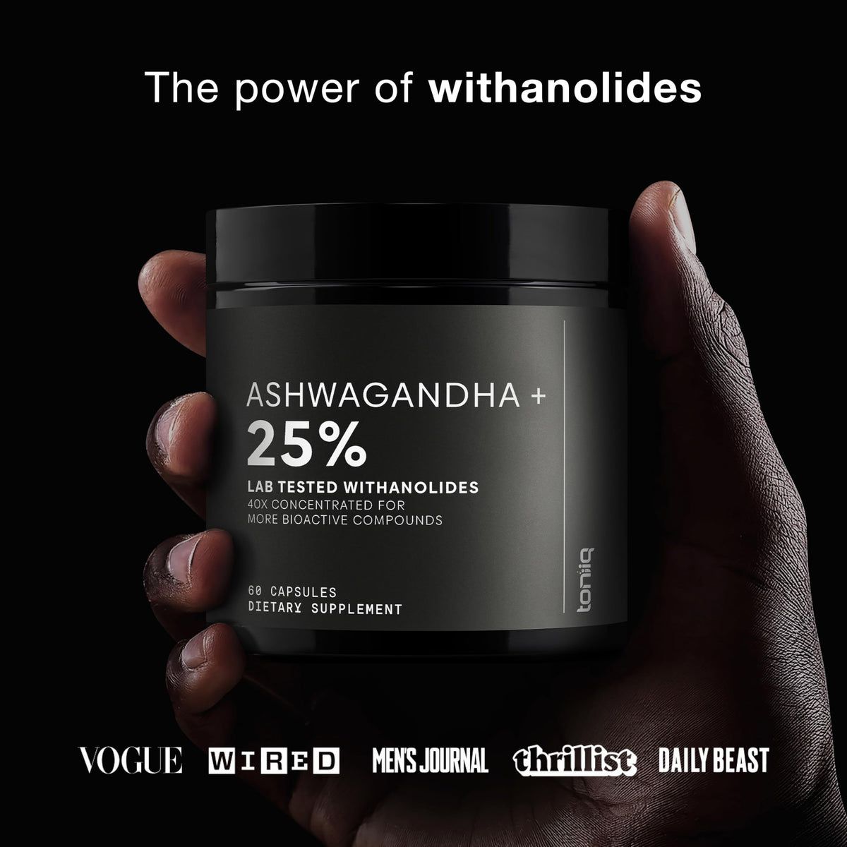 Toniiq Ashwagandha extrait sur un bureau avec des plantes