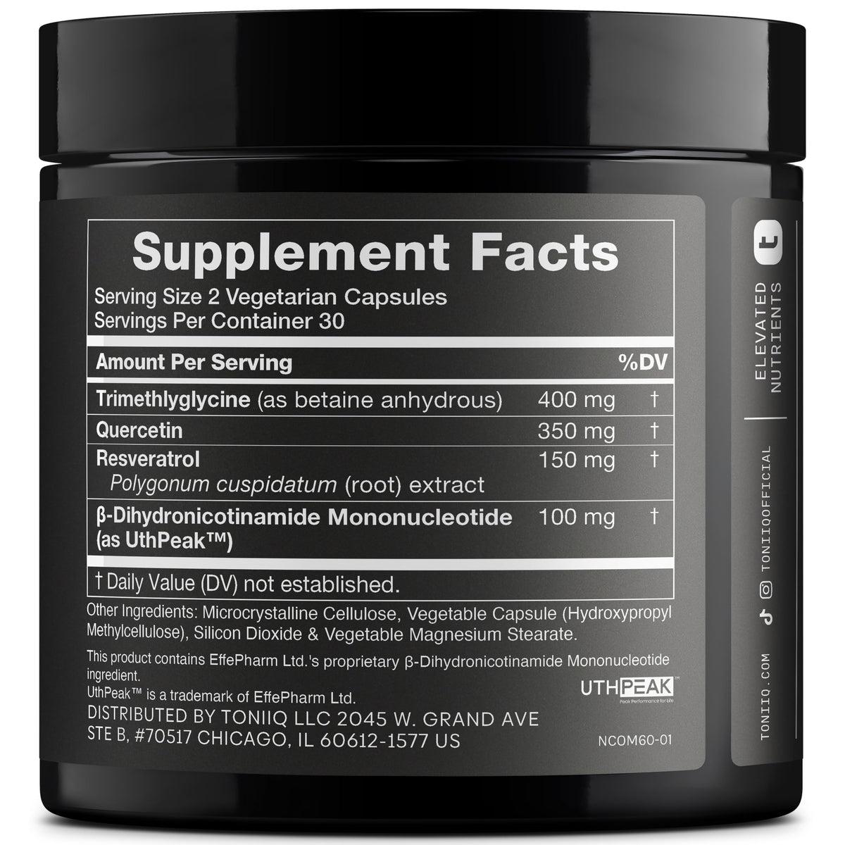 Toniiq Complément NMNH 1 000 mg étiquette et informations