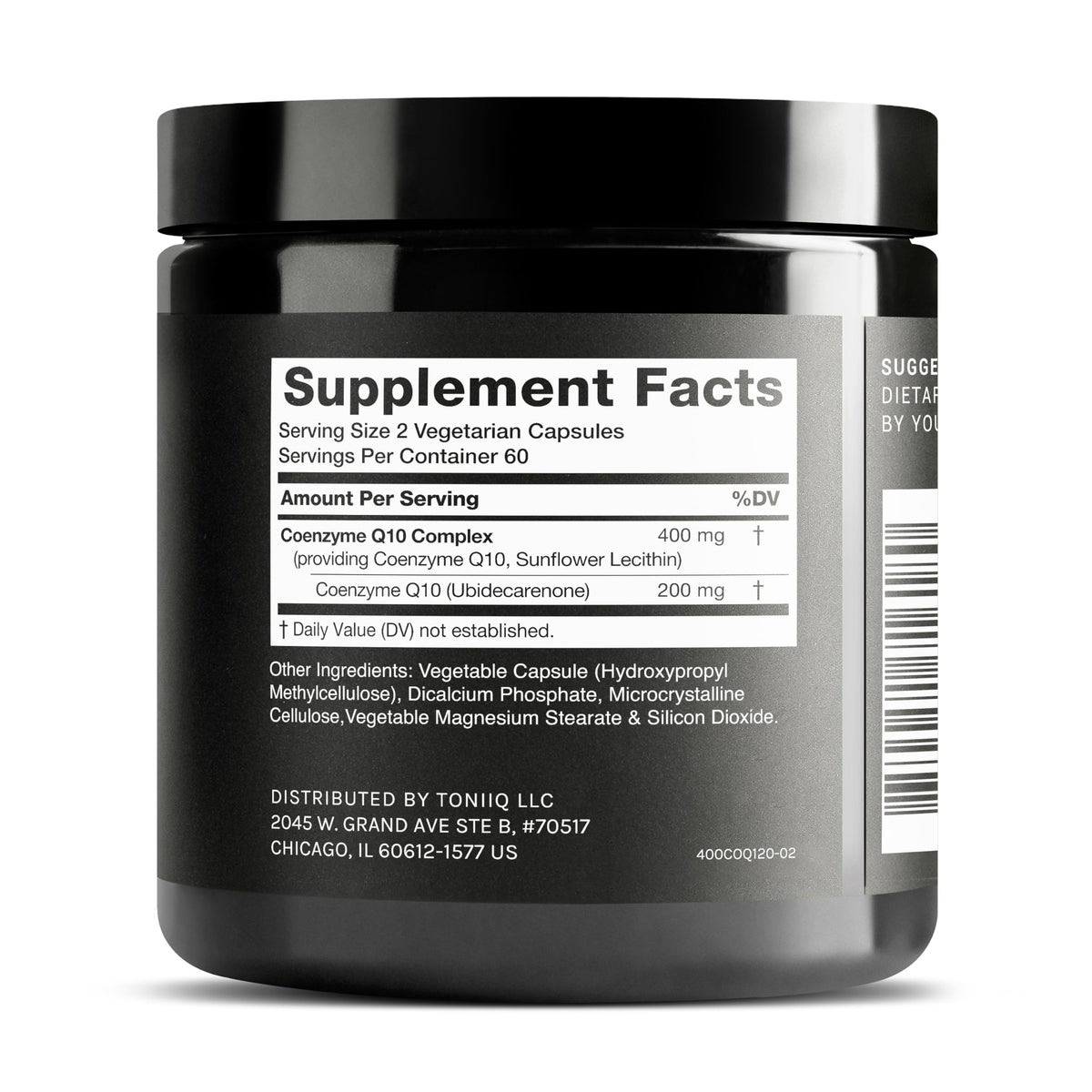 Toniiq CoQ10 400mg Liposomal vue latérale montrant les capsules