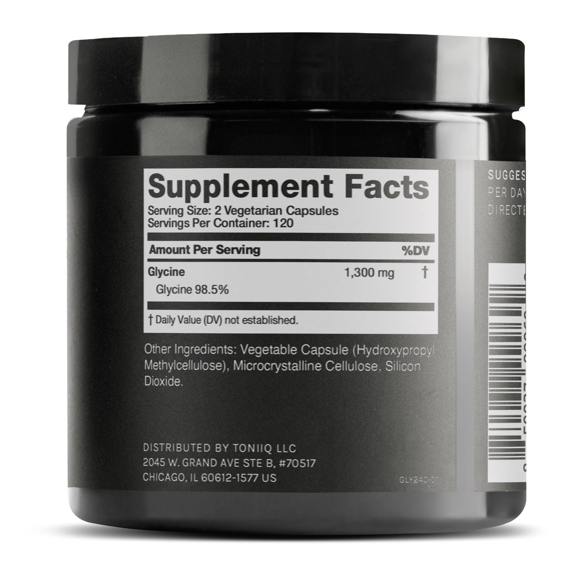 Toniiq Glycine 1300mg étiquette détaillant la pureté