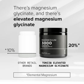 Toniiq Magnésium Glycinate 3000 mg sur une table avec des compléments alimentaires