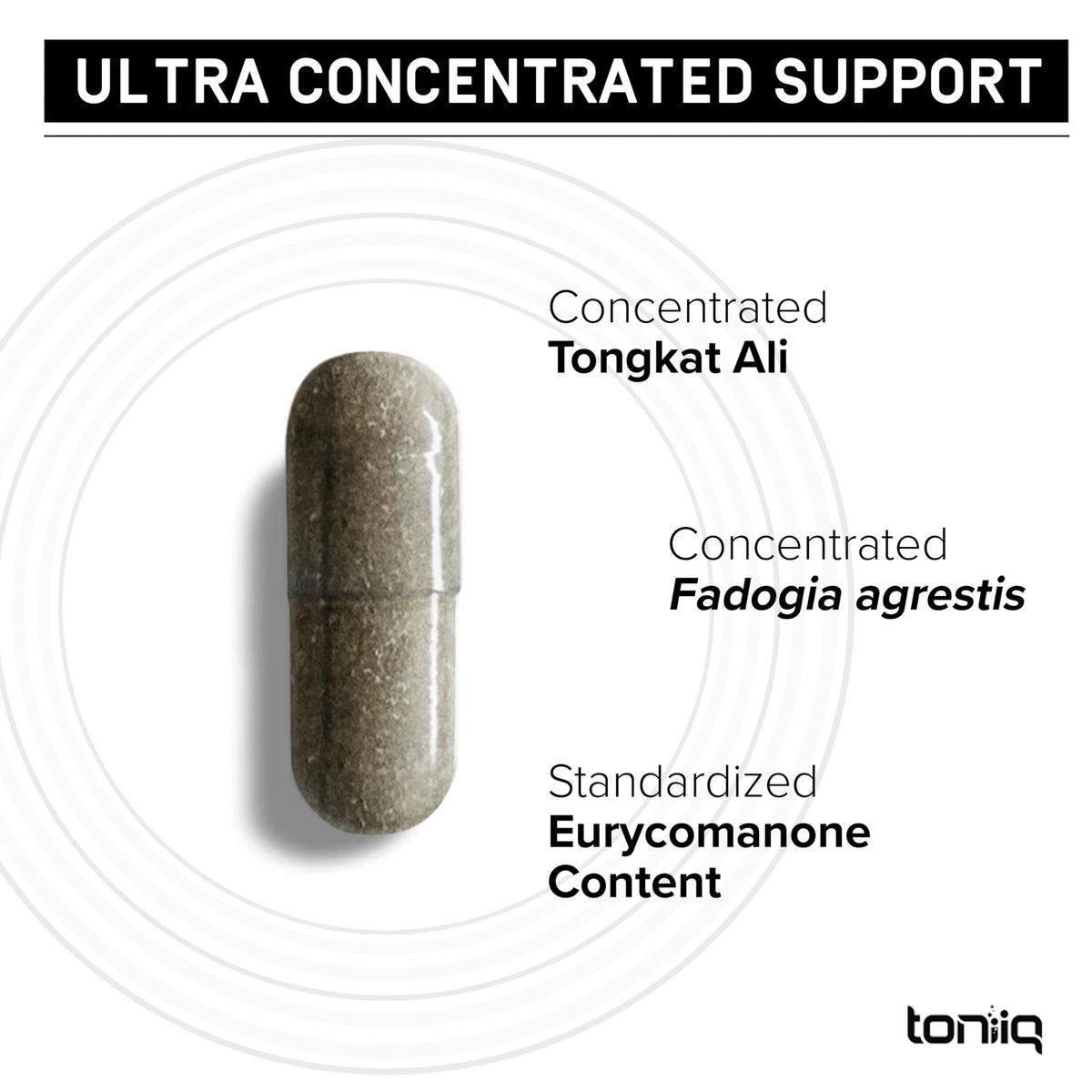Toniiq Tongkat Ali Fadogia Agrestis 200:1 300mg côté avec dosage