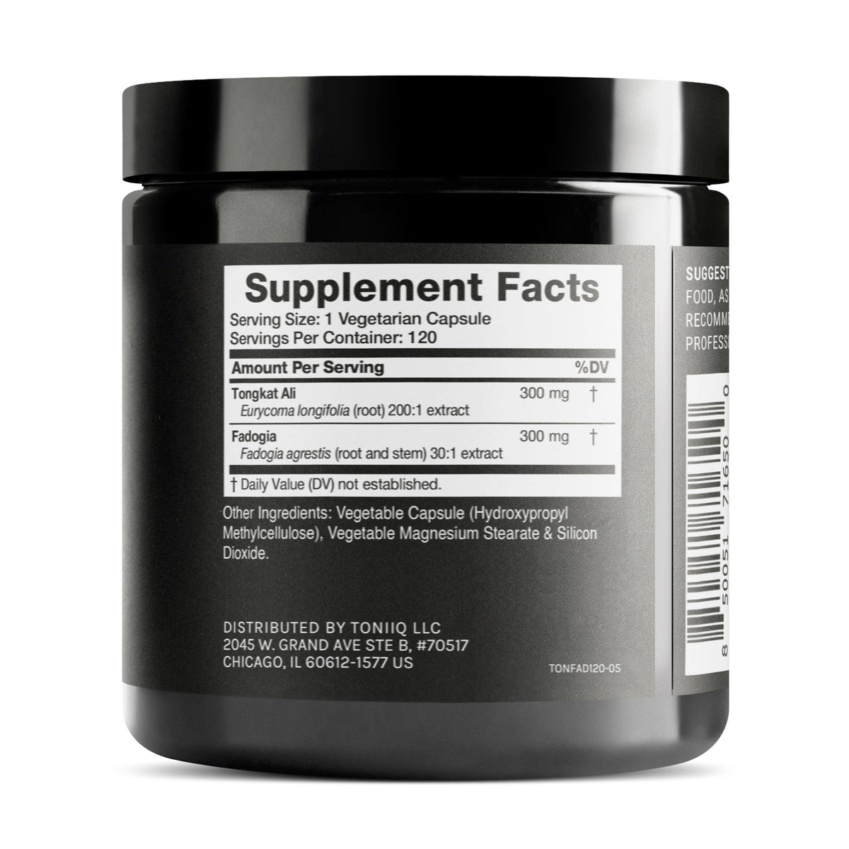 Toniiq Tongkat Ali Fadogia Agrestis 200:1 300mg vue arrière avec étiquettes