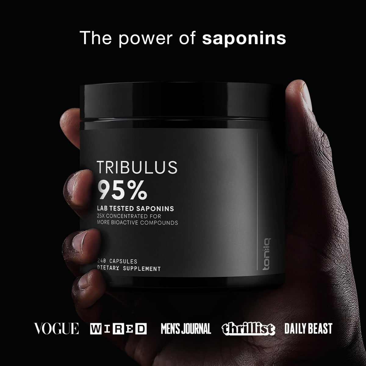 Toniiq Tribulus Terrestris 1300 mg à côté d'un verre d'eau