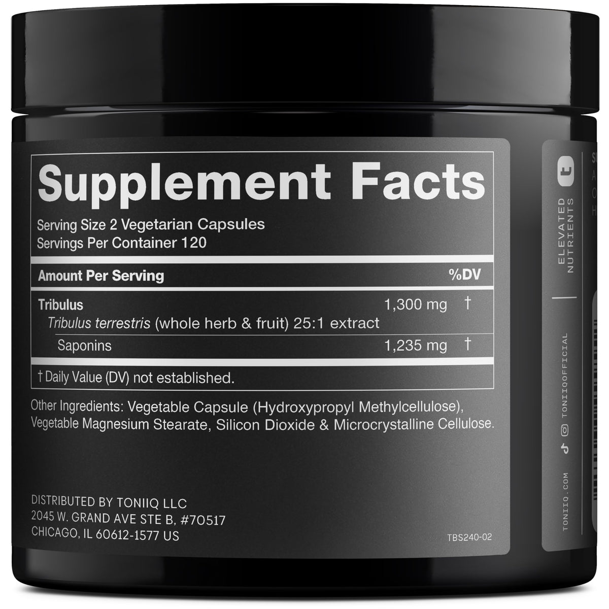 Toniiq Tribulus Terrestris 1300 mg étiquette avec ingrédients
